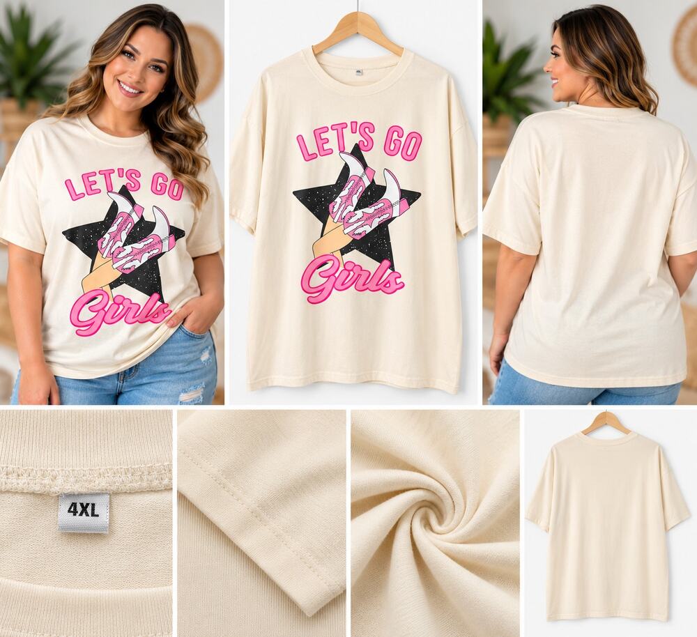 Let’s Go Girls Cowgirl Boots Graphic T-Shirt – Cream – Size 4XL